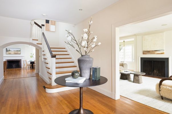Dining room, Fireplace, Interior, Pendant Lights, Recessed Lighting, Wood Texture Flooring