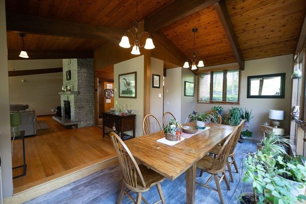 Dining room, Fireplace, Interior, Pendant Lights, Wooden Beams, Wooden Ceilings, Wood Texture Flooring