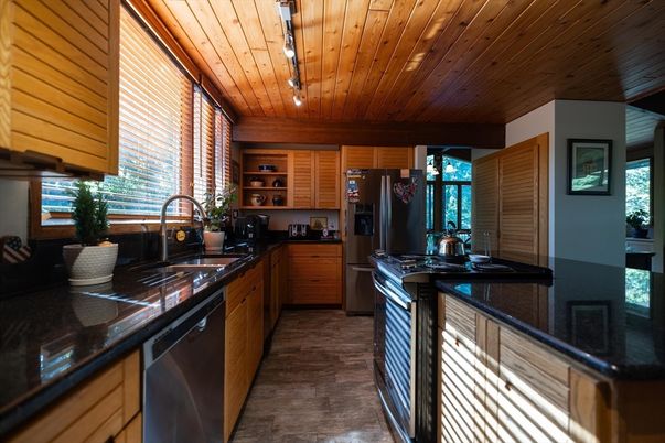 Interior, Kitchen, Stainless Steel Appliances, Wooden Ceilings, Wood Texture Flooring