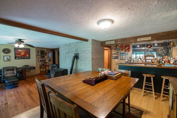 Dining room, Interior, Stone Walls, Wooden Beams, Wood Texture Flooring