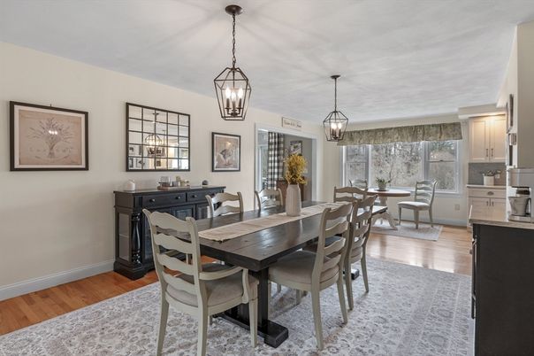 Dining room, Interior, Pendant Lights, Wood Texture Flooring