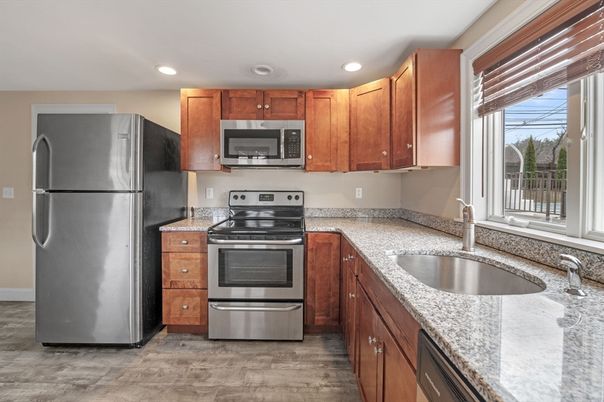 Interior, Kitchen, Recessed Lighting, Stainless Steel Appliances, Wood Texture Flooring