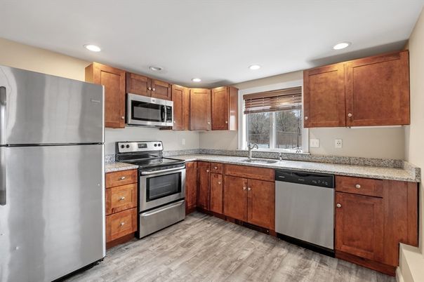 Interior, Kitchen, Recessed Lighting, Stainless Steel Appliances, Wood Texture Flooring