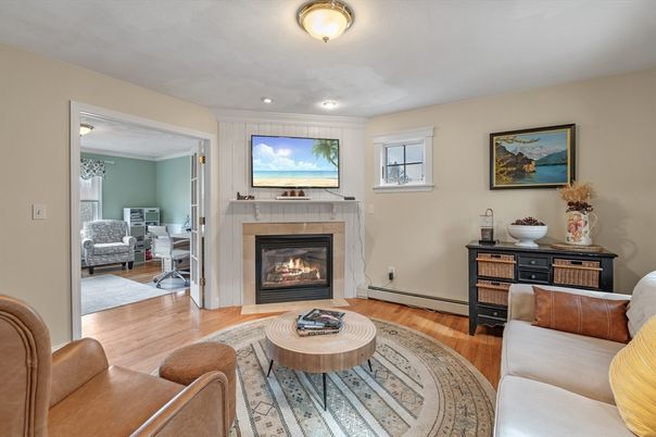 Fireplace, Interior, Living room, Recessed Lighting, Wood Texture Flooring