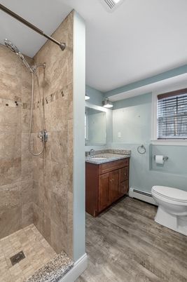 Bathroom, Glass Shower, Interior, Wood Texture Flooring