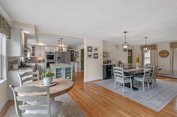 Dining room, Interior, Kitchen, Pendant Lights, Recessed Lighting, Stainless Steel Appliances, Wood Texture Flooring