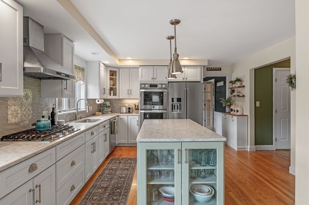 Interior, Kitchen, Pendant Lights, Recessed Lighting, Stainless Steel Appliances, Wood Texture Flooring
