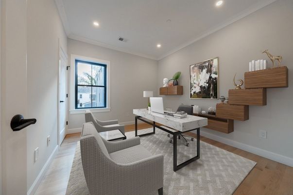 Home Office, Interior, Recessed Lighting, Wood Texture Flooring
