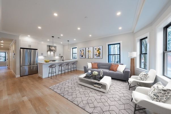 Interior, Kitchen, Living room, Pendant Lights, Recessed Lighting, Stainless Steel Appliances, Wood Texture Flooring