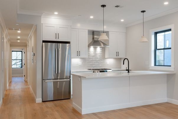 Interior, Kitchen, Pendant Lights, Recessed Lighting, Stainless Steel Appliances, Wood Texture Flooring