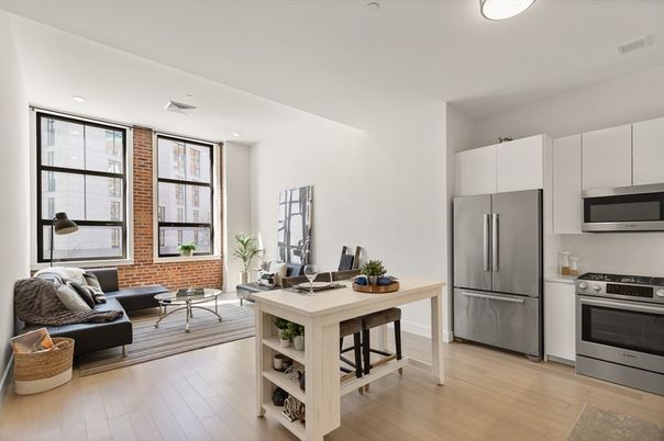 Interior, Kitchen, Living room, Recessed Lighting, Stainless Steel Appliances, Stone Walls, Wood Texture Flooring