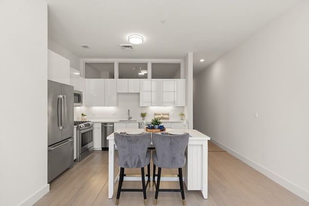 Interior, Kitchen, Recessed Lighting, Stainless Steel Appliances, Wood Texture Flooring