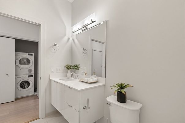Bathroom, Interior, Utility Closets, Washer, Wood Texture Flooring