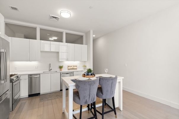 Interior, Kitchen, Recessed Lighting, Stainless Steel Appliances, Wood Texture Flooring