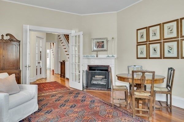 Dining room, Fireplace, Interior, Wood Texture Flooring