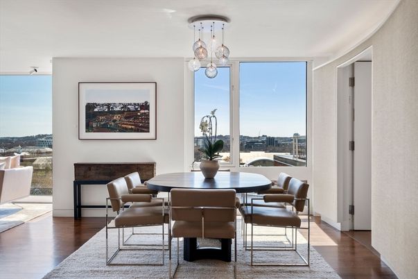 Dining room, Interior, Pendant Lights, Wood Texture Flooring