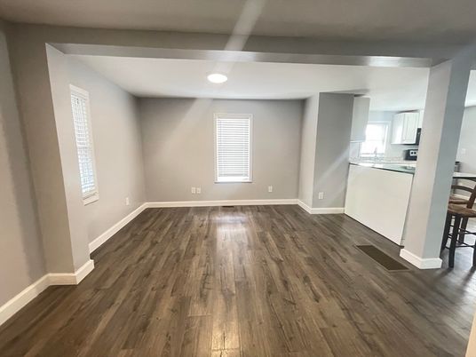 Empty room, Interior, Kitchen, Recessed Lighting, Wood Texture Flooring