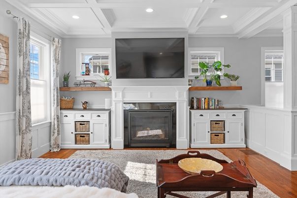 Fireplace, Interior, Living room, Recessed Lighting, Wood Texture Flooring