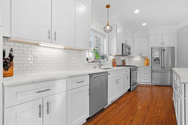 Interior, Kitchen, Pendant Lights, Recessed Lighting, Stainless Steel Appliances, Wood Texture Flooring