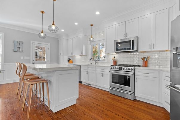 Interior, Kitchen, Pendant Lights, Recessed Lighting, Stainless Steel Appliances, Wood Texture Flooring