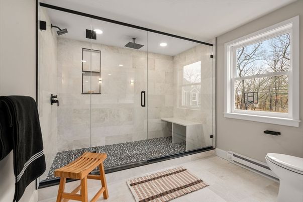 Bathroom, Glass Shower, Interior, Marble Walls, Recessed Lighting
