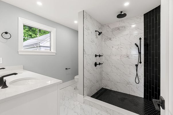Bathroom, Glass Shower, Interior, Marble, Marble Walls, Recessed Lighting
