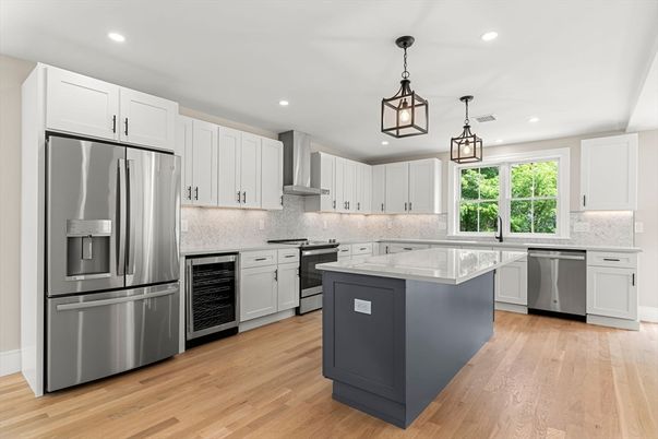 Interior, Kitchen, Pendant Lights, Recessed Lighting, Stainless Steel Appliances, Wood Texture Flooring