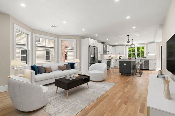 Interior, Kitchen, Living room, Pendant Lights, Recessed Lighting, Stainless Steel Appliances, Wood Texture Flooring