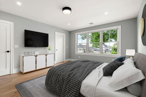 Bedroom, Interior, Recessed Lighting, Wood Texture Flooring