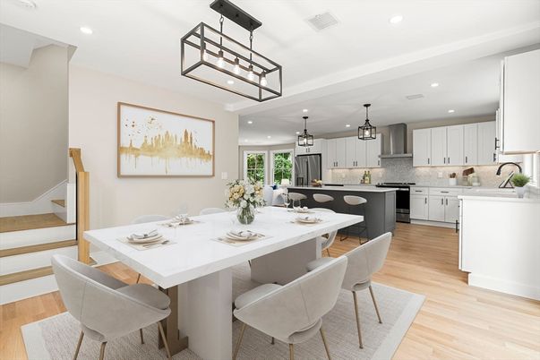 Dining room, Interior, Kitchen, Pendant Lights, Recessed Lighting, Stainless Steel Appliances, Wood Texture Flooring