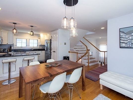 Dining room, Interior, Kitchen, Pendant Lights, Recessed Lighting, Stainless Steel Appliances, Wood Texture Flooring