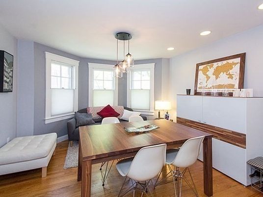 Dining room, Interior, Living room, Pendant Lights, Recessed Lighting, Wood Texture Flooring