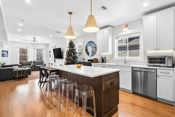 Interior, Kitchen, Living room, Pendant Lights, Recessed Lighting, Stainless Steel Appliances, Wood Texture Flooring