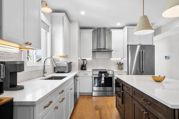 Interior, Kitchen, Pendant Lights, Recessed Lighting, Stainless Steel Appliances, Wood Texture Flooring