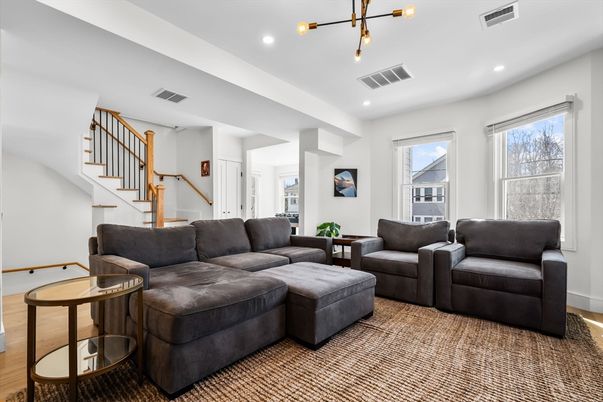 Interior, Living room, Pendant Lights, Recessed Lighting, Wood Texture Flooring