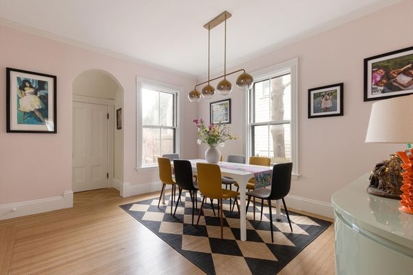 Dining room, Interior, Pendant Lights, Wood Texture Flooring