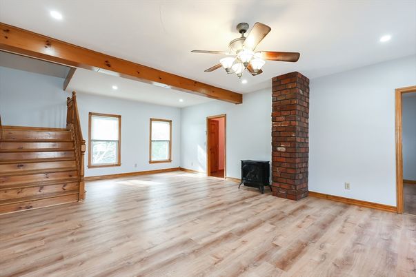 Empty room, Fireplace, Interior, Recessed Lighting, Wooden Beams, Wood Texture Flooring