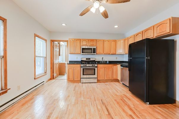 Interior, Kitchen, Recessed Lighting, Stainless Steel Appliances, Wood Texture Flooring