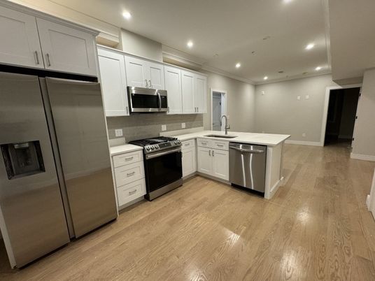 Interior, Kitchen, Recessed Lighting, Stainless Steel Appliances, Wood Texture Flooring