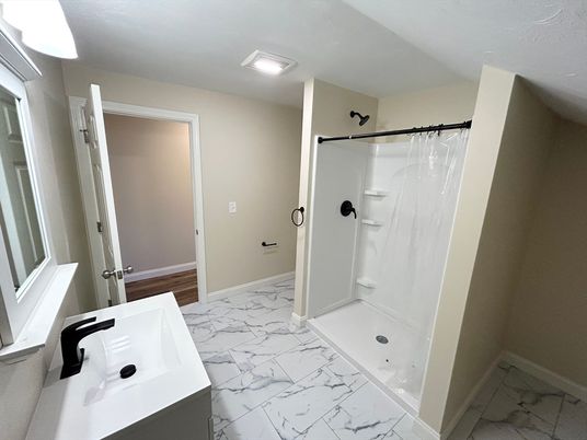 Bathroom, Glass Shower, Interior, Marble, Recessed Lighting