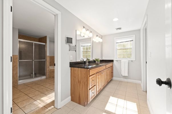 Bathroom, Dual Sink Vanities, Glass Shower, Interior, Recessed Lighting