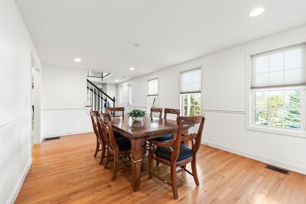 Dining room, Interior, Recessed Lighting, Wood Texture Flooring