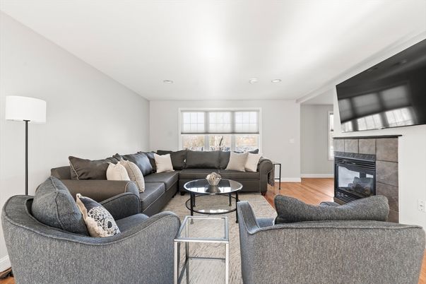 Fireplace, Interior, Living room, Recessed Lighting, Wood Texture Flooring