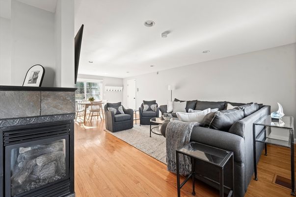 Fireplace, Interior, Living room, Recessed Lighting, Wood Texture Flooring