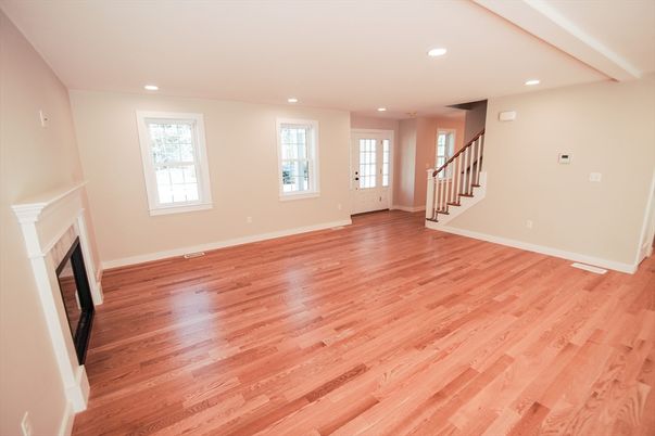 Empty room, Fireplace, Interior, Recessed Lighting, Wood Texture Flooring