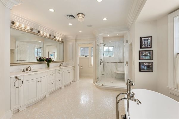 Bathroom, Dual Sink Vanities, Free Standing Baths, Glass Shower, Interior, Marble Walls, Recessed Lighting