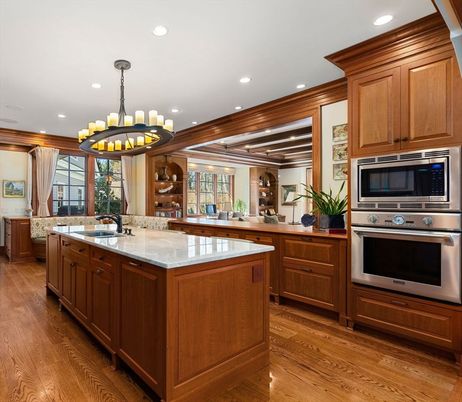 Chandelier, Interior, Kitchen, Recessed Lighting, Stainless Steel Appliances, Wood Texture Flooring