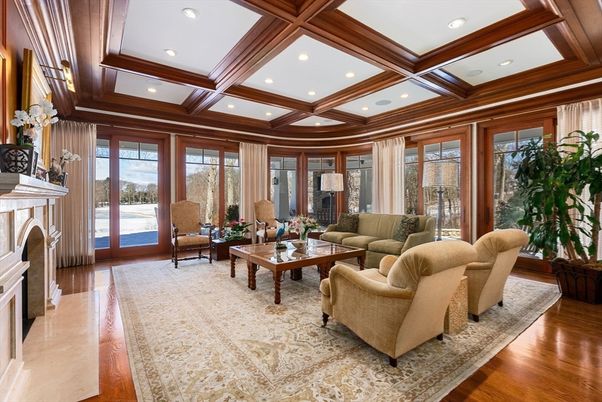 Fireplace, Interior, Living room, Recessed Lighting, Wooden Beams, Wood Texture Flooring