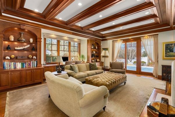 Fireplace, Interior, Living room, Recessed Lighting, Wooden Beams, Wood Texture Flooring
