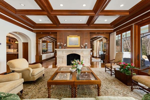 Fireplace, Interior, Living room, Recessed Lighting, Wooden Beams, Wood Texture Flooring, Wooden Walls